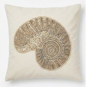 Beaded Nautilus Seashell Throw Pillow Cover Ivory Gold Coastal Decor Square